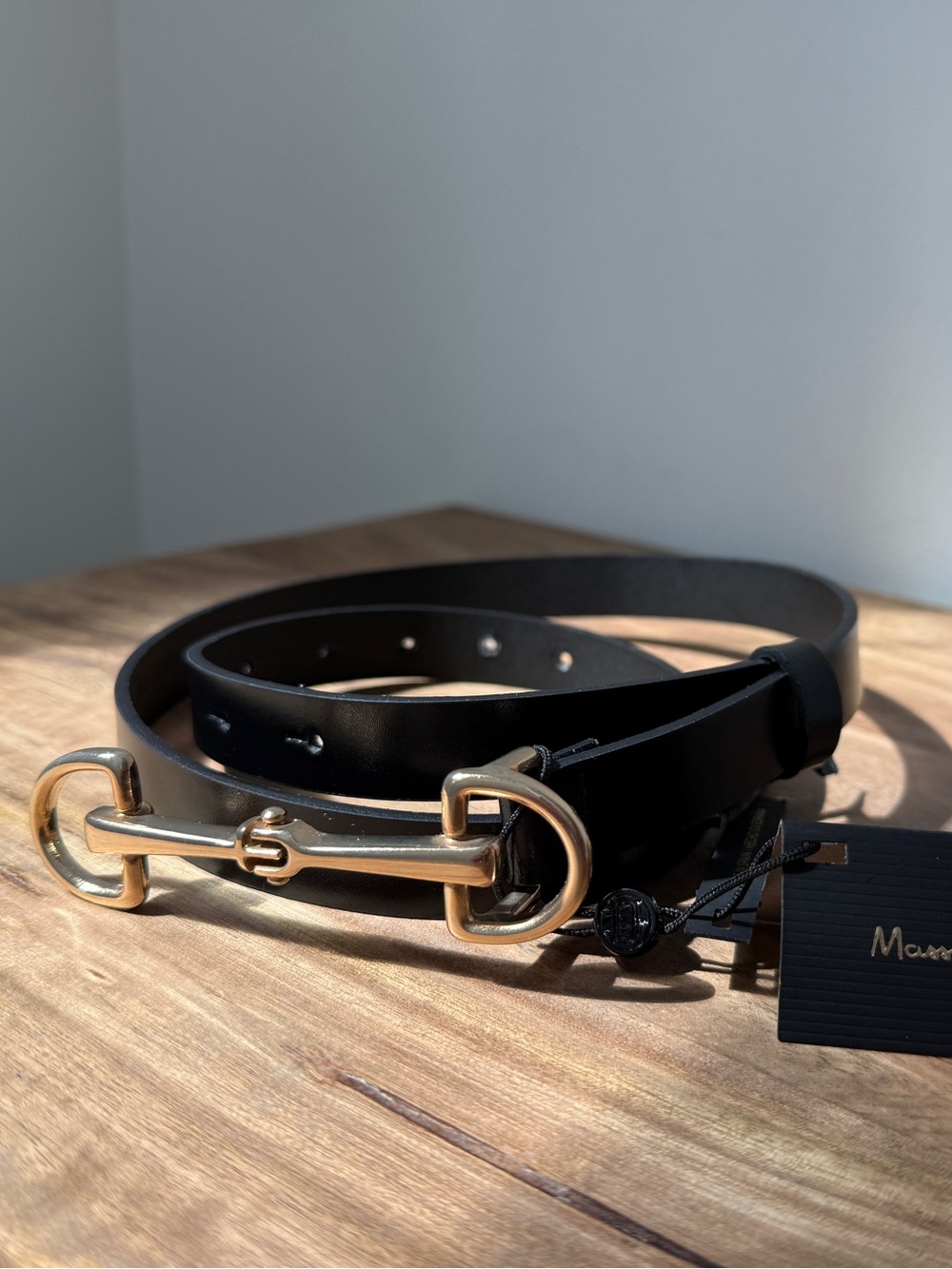 Massimo Dutti Equestrian Nappa Leather Belt Black Gold Horsebit Buckle